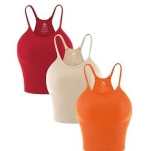 Sunzel 3-Pack Ribbed Seamless Crop Tank Tops – Red, Orange,Beige | Size M/L |New
